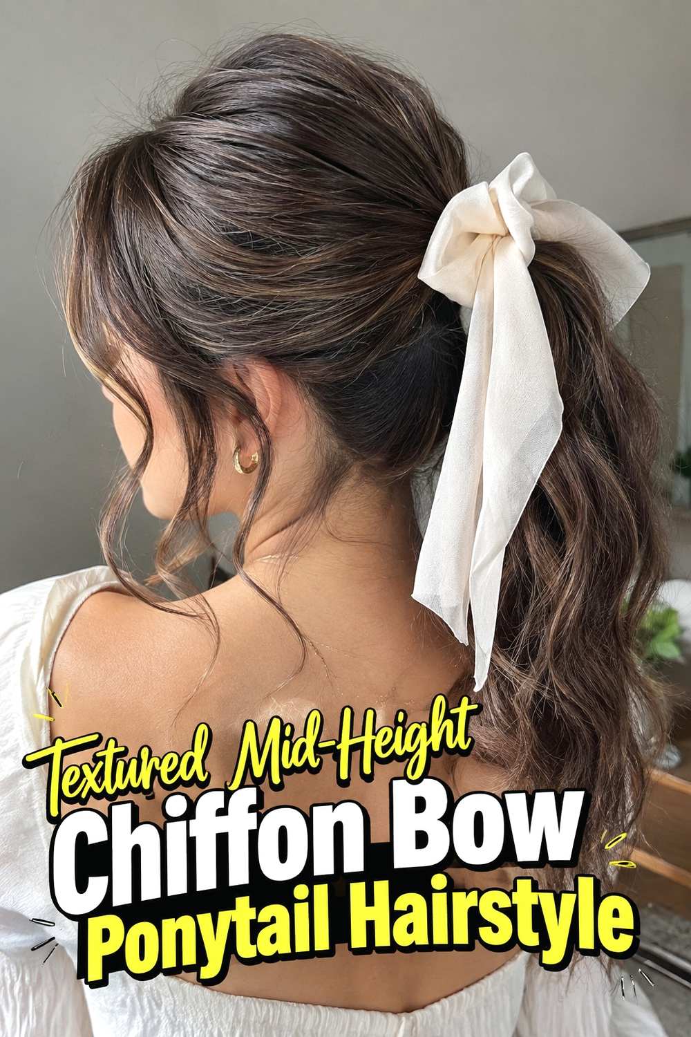 10. Textured Mid Height Chiffon Bow Ponytail Hairstyle