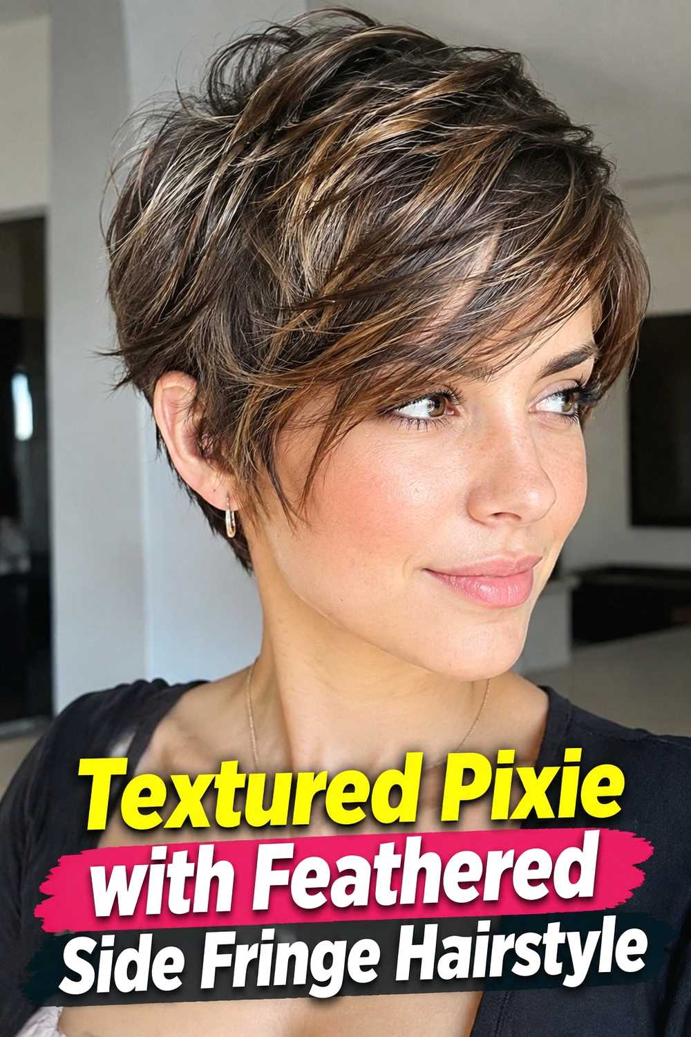 10. Textured Pixie With Feathered Side Fringe Hairstyle