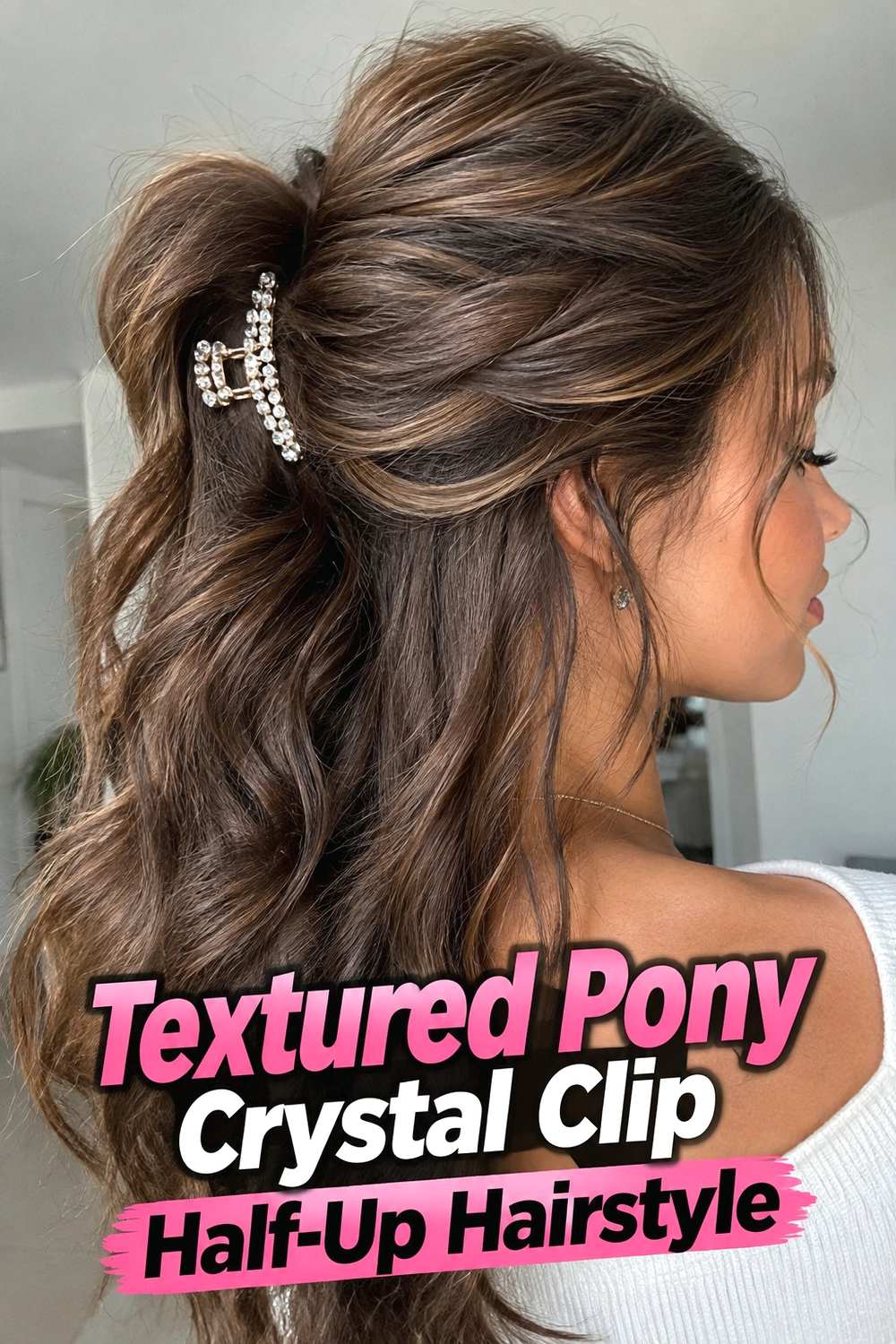 11. Textured Pony Crystal Clip Half Up Hairstyle