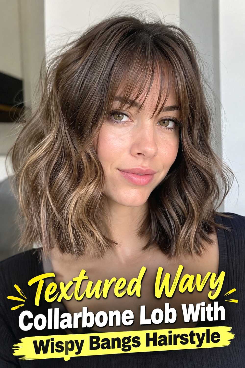 3. Textured Wavy Collarbone Lob With Wispy Bangs Hairstyle