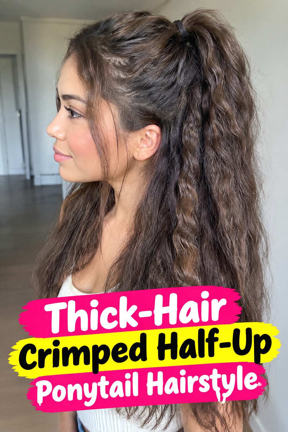 Thick-Hair Crimped Half-Up Ponytail Hairstyle