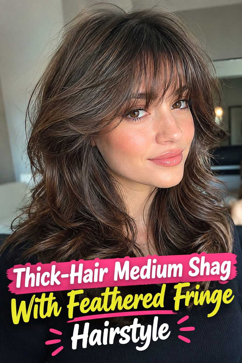 5. Thick Hair Medium Shag With Feathered Fringe Hairstyle