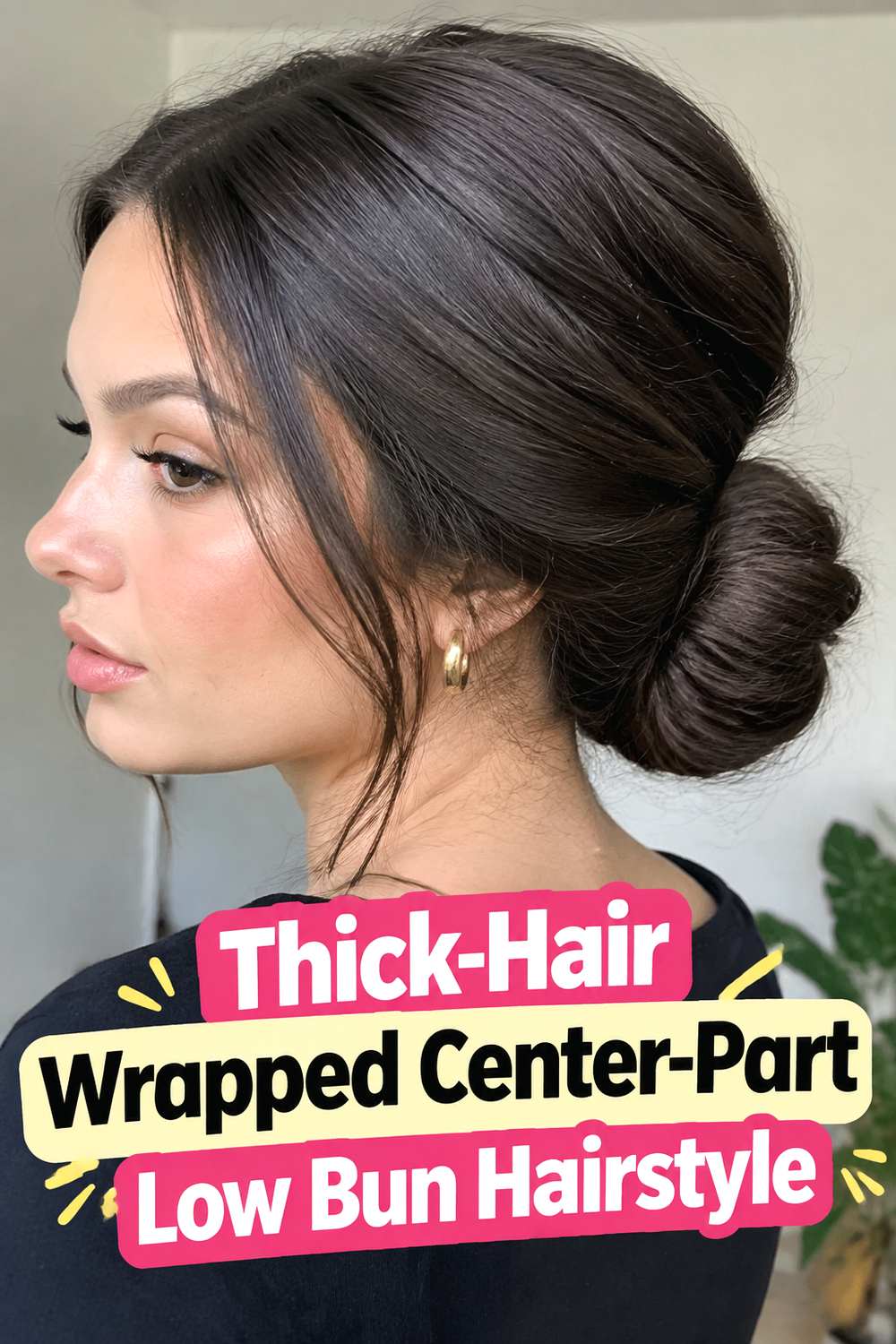 Thick-Hair Wrapped Center-Part Low Bun Hairstyle