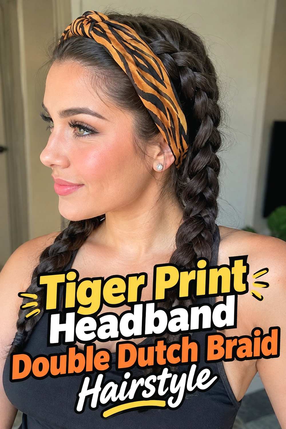 12. Tiger Print Headband Double Dutch Braid Hairstyle