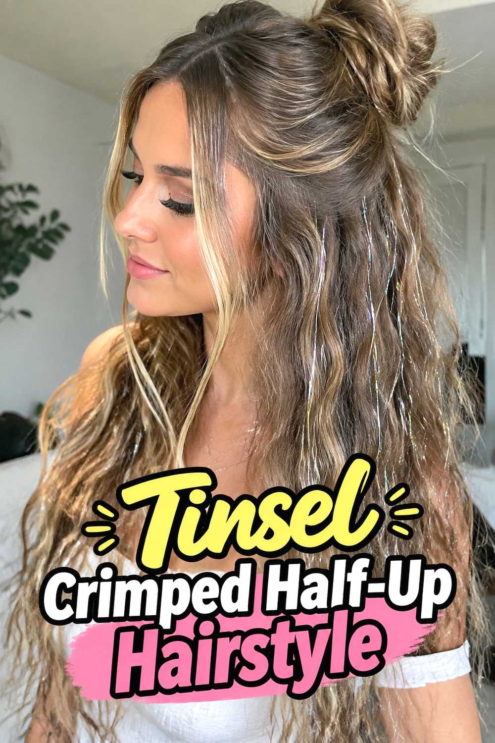 3. Tinsel Crimped Half Up Hairstyle
