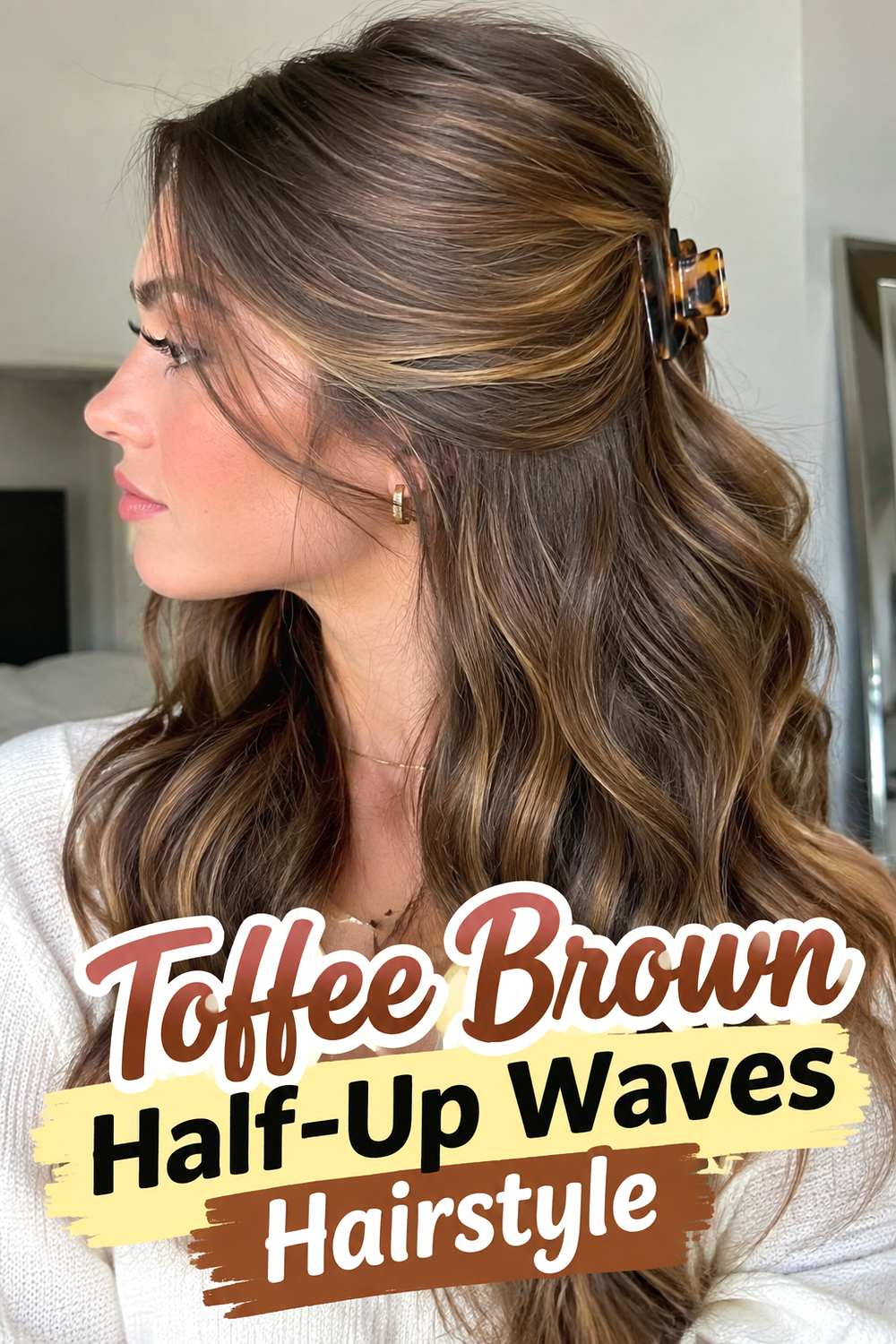 Toffee Brown Half-Up Waves Hairstyle