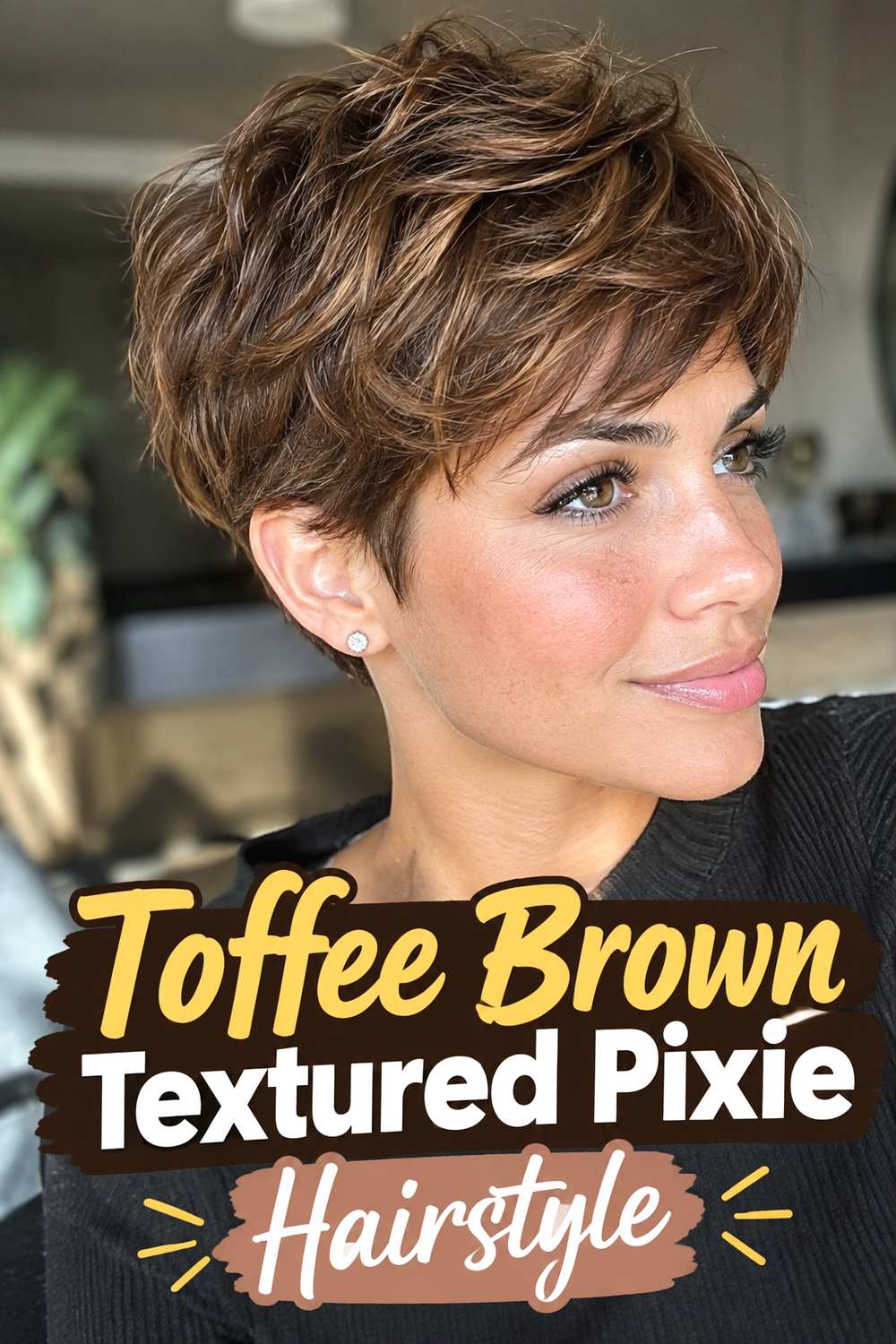 Toffee Brown Textured Pixie Hairstyle