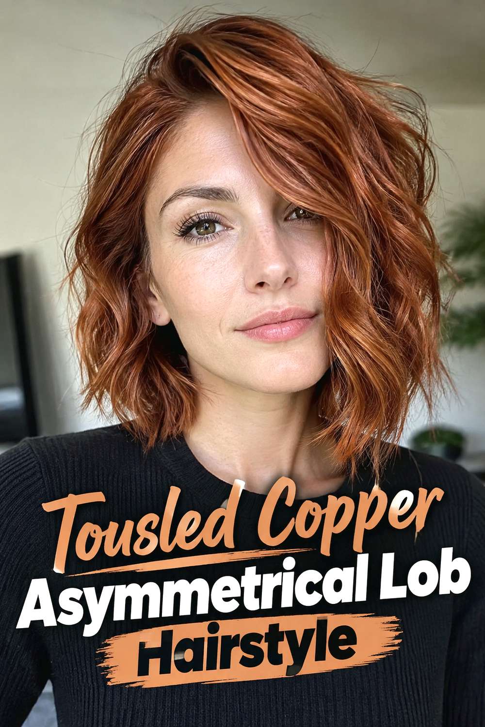 Tousled Copper Asymmetrical Lob Hairstyle