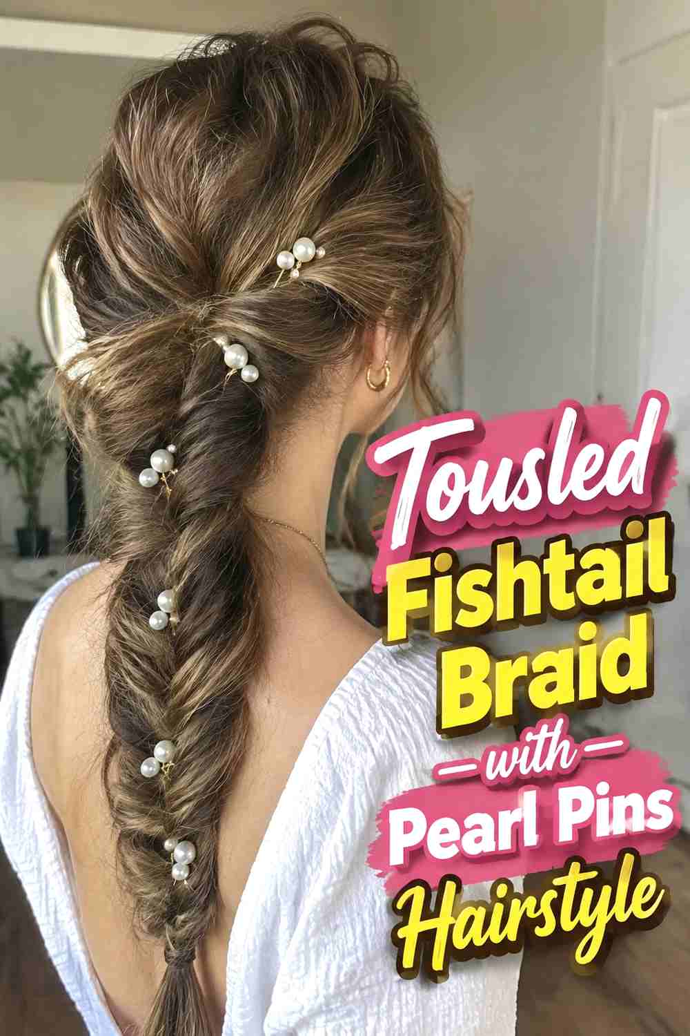 14. Tousled Fishtail Braid With Pearl Pins Hairstyle