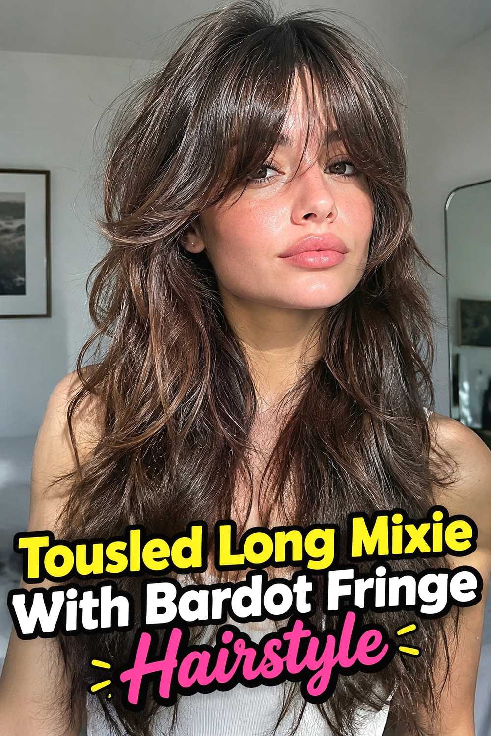 12. Tousled Long Mixie With Bardot Fringe Hairstyle