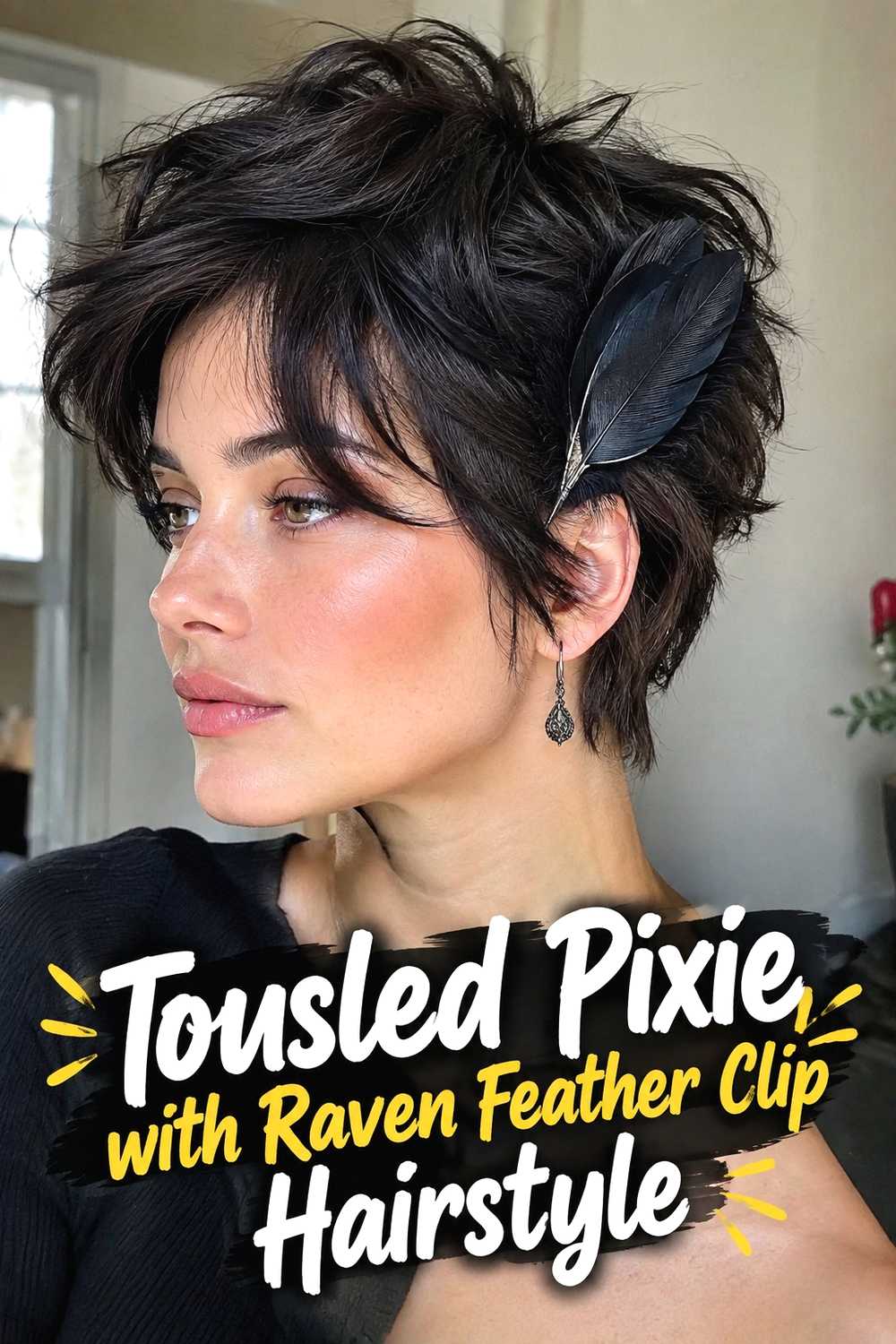 15. Tousled Pixie With Raven Feather Clip Hairstyle