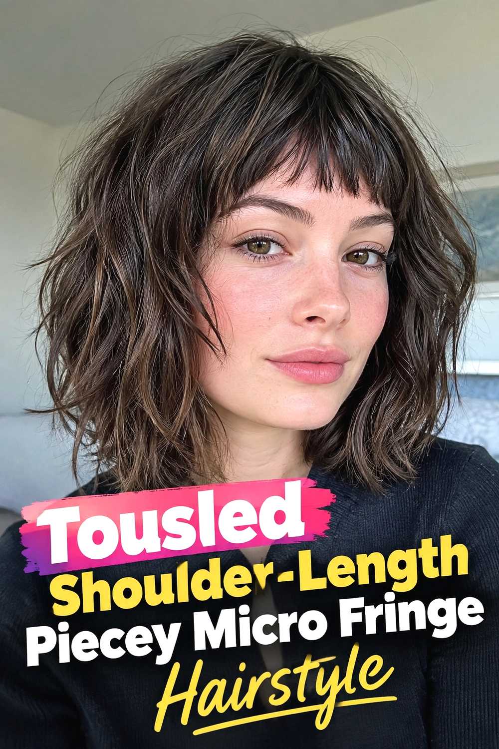 12. Tousled Shoulder Length Piecey Micro Fringe Hairstyle