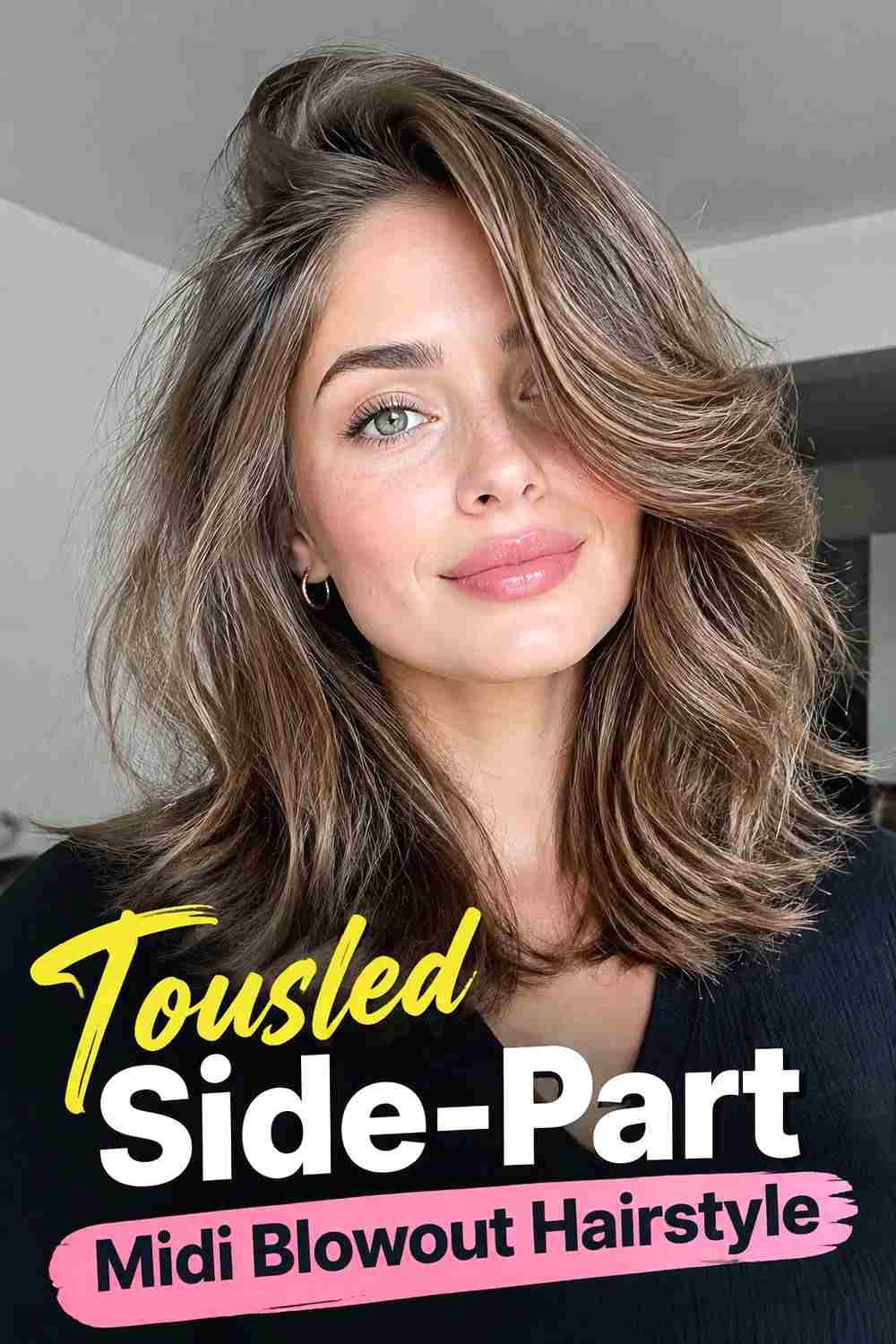 14. Tousled Side Part Midi Blowout Hairstyle