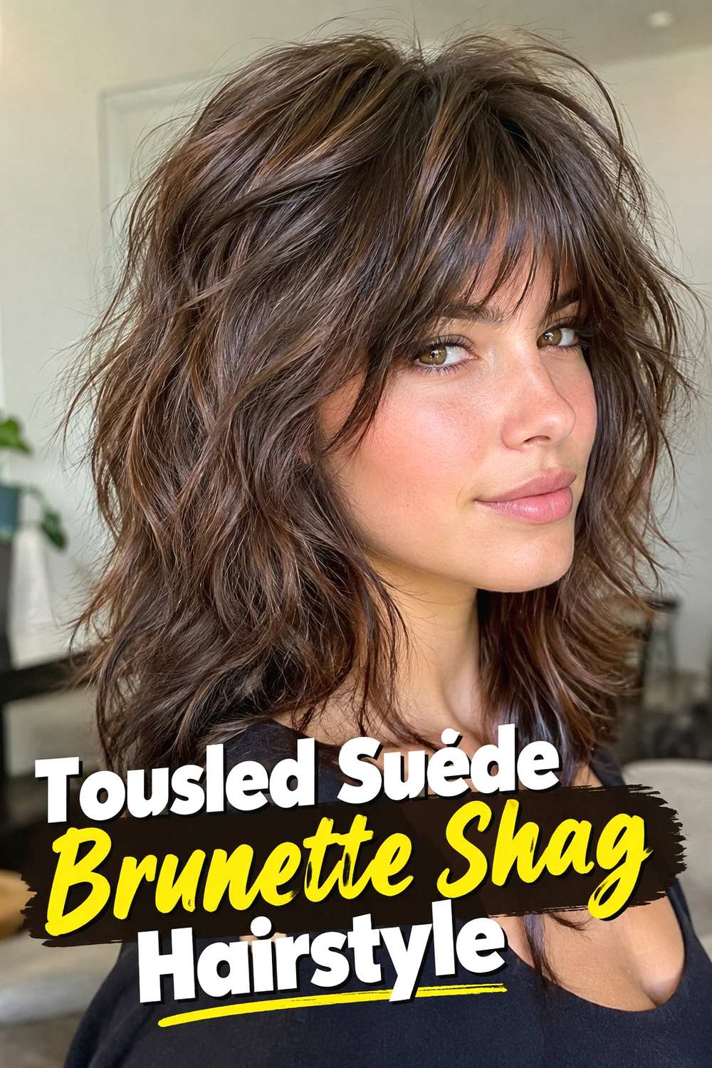 14. Tousled Suede Brunette Shag Hairstyle