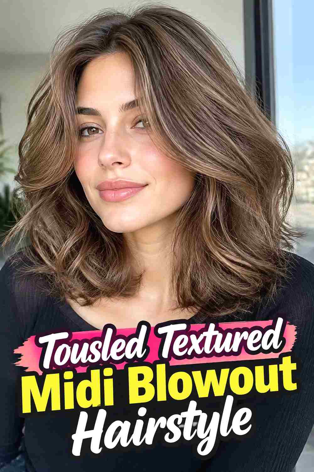 1. Tousled Textured Midi Blowout Hairstyle
