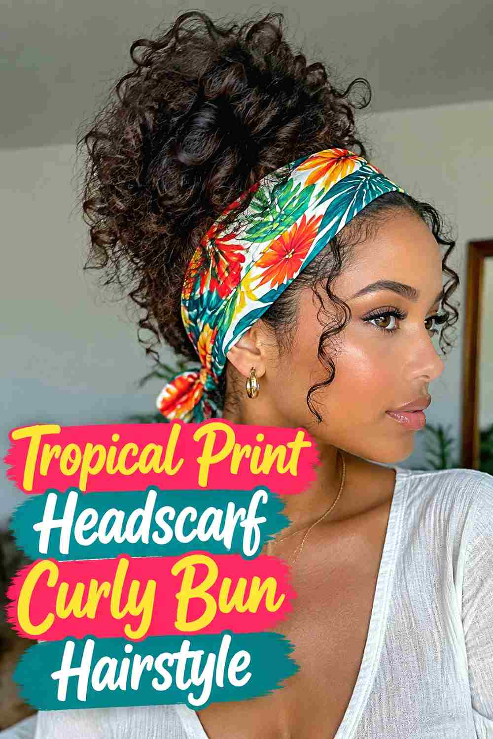 11. Tropical Print Headscarf Curly Bun Hairstyle