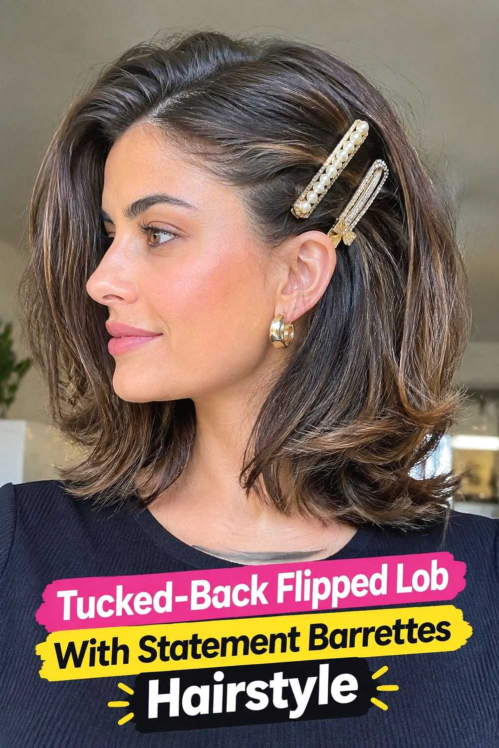 14. Tucked Back Flipped Lob With Statement Barrettes Hairstyle