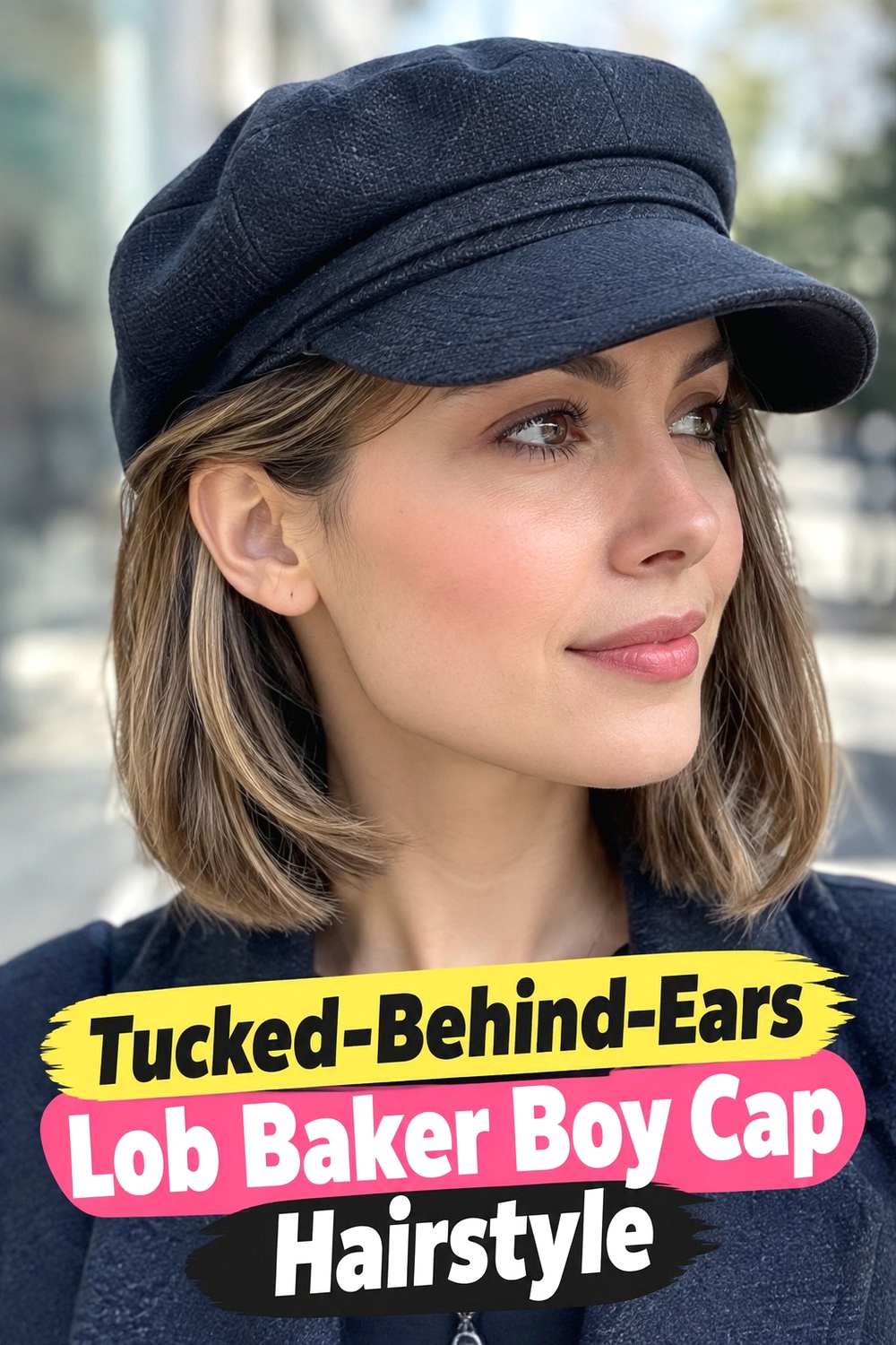 15. Tucked Behind Ears Lob Baker Boy Cap Hairstyle