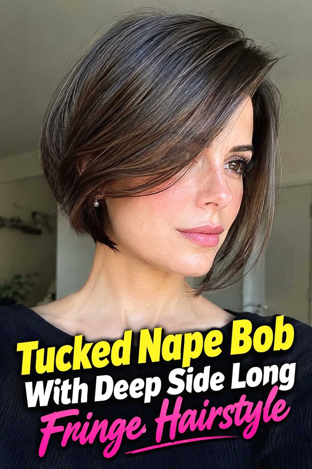 10. Tucked Nape Bob With Deep Side Long Fringe Hairstyle