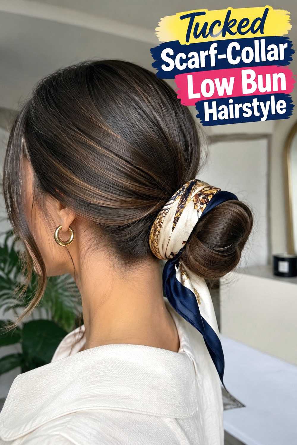 13. Tucked Scarf Collar Low Bun Hairstyle