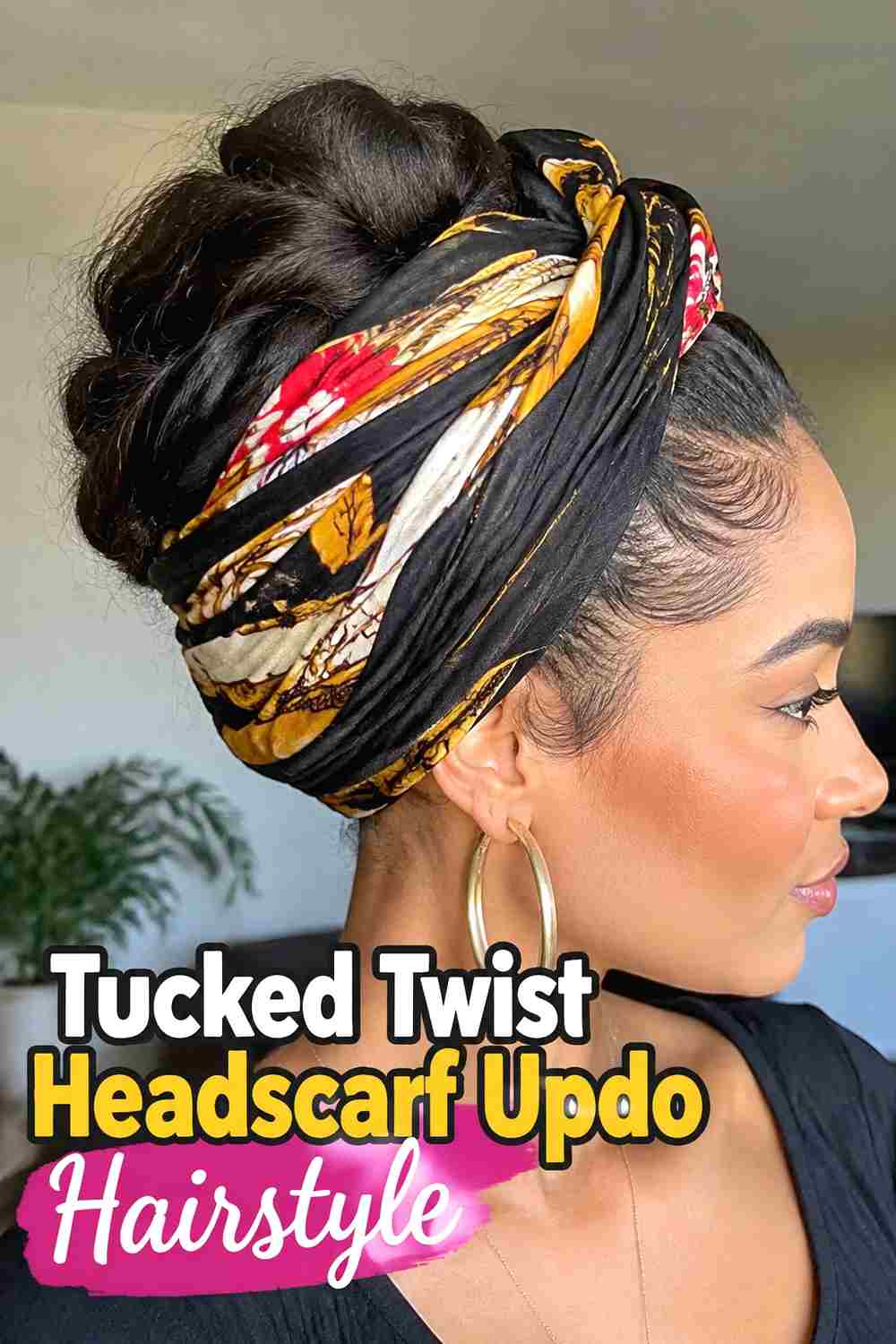 12. Tucked Twist Headscarf Updo Hairstyle