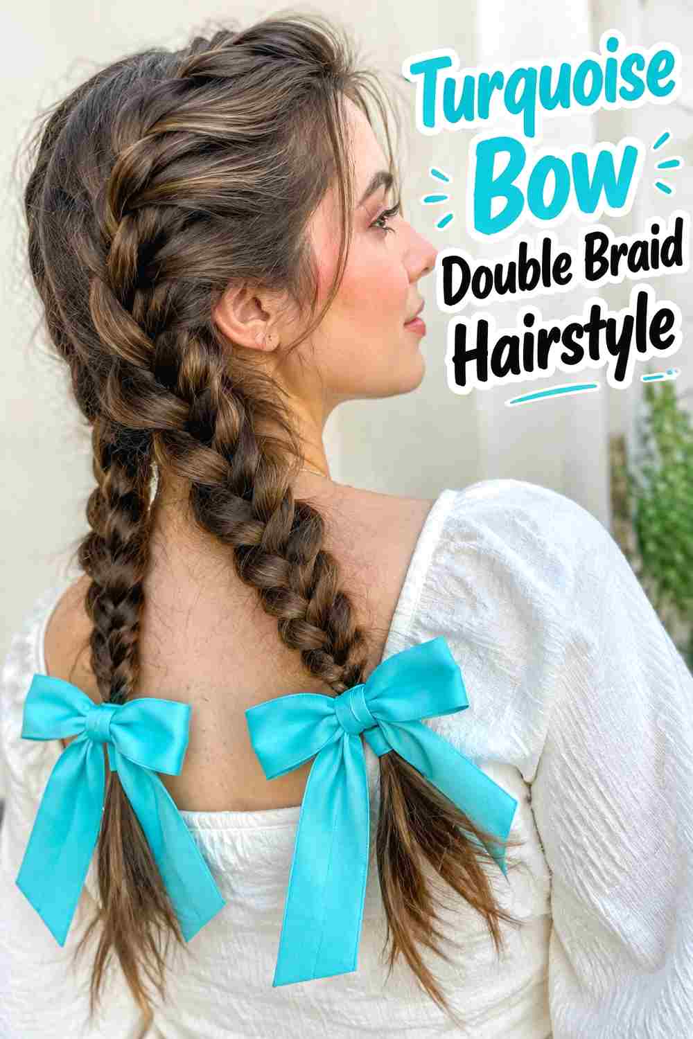 13. Turquoise Bow Double Braid Hairstyle