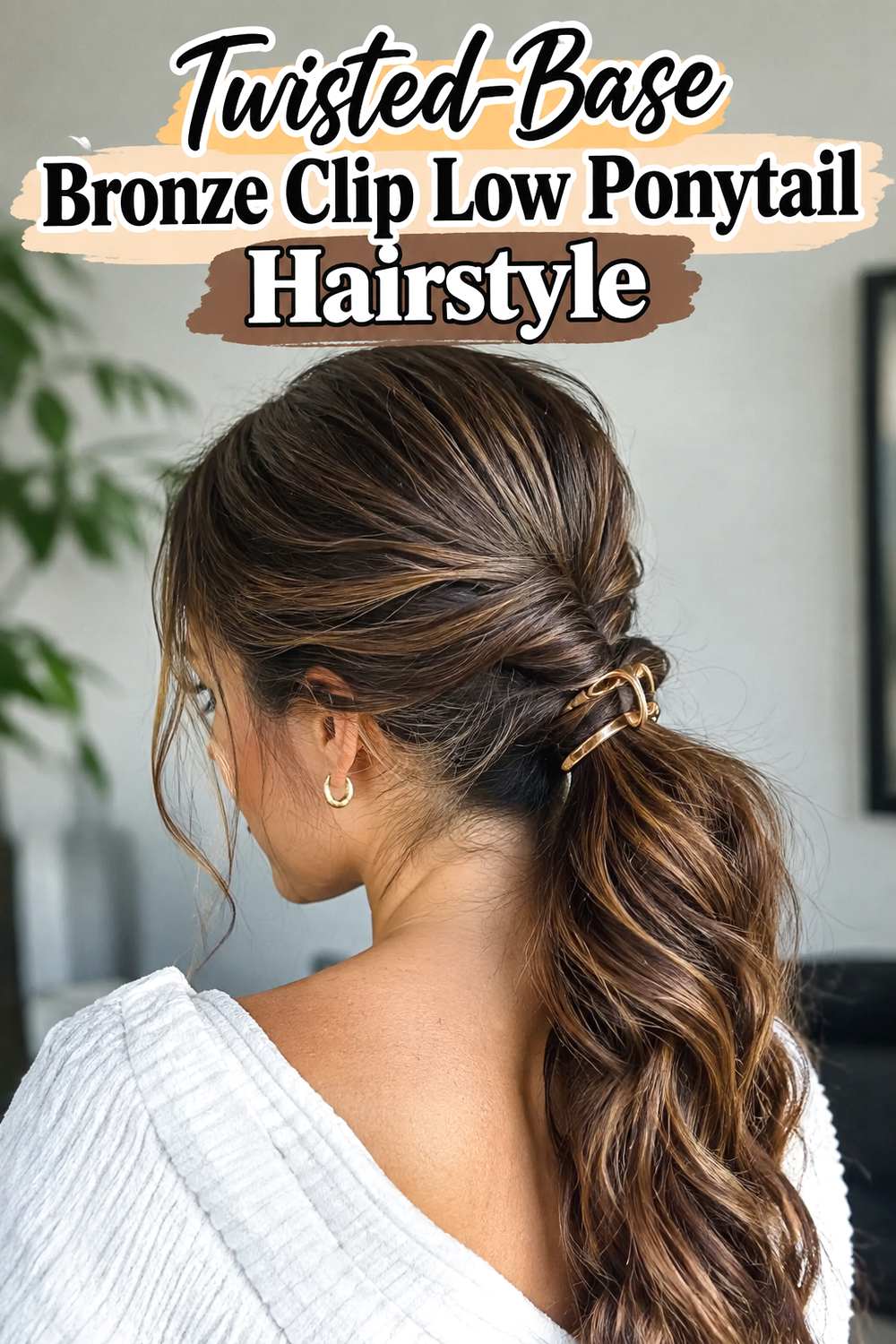 Twisted-Base Bronze Clip Low Ponytail Hairstyle