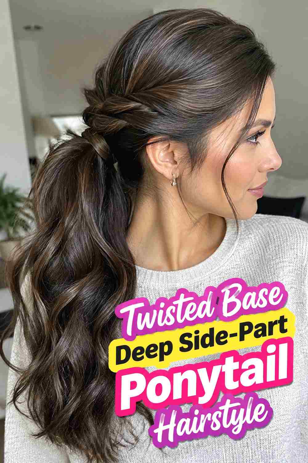 12. Twisted Base Deep Side Part Ponytail Hairstyle