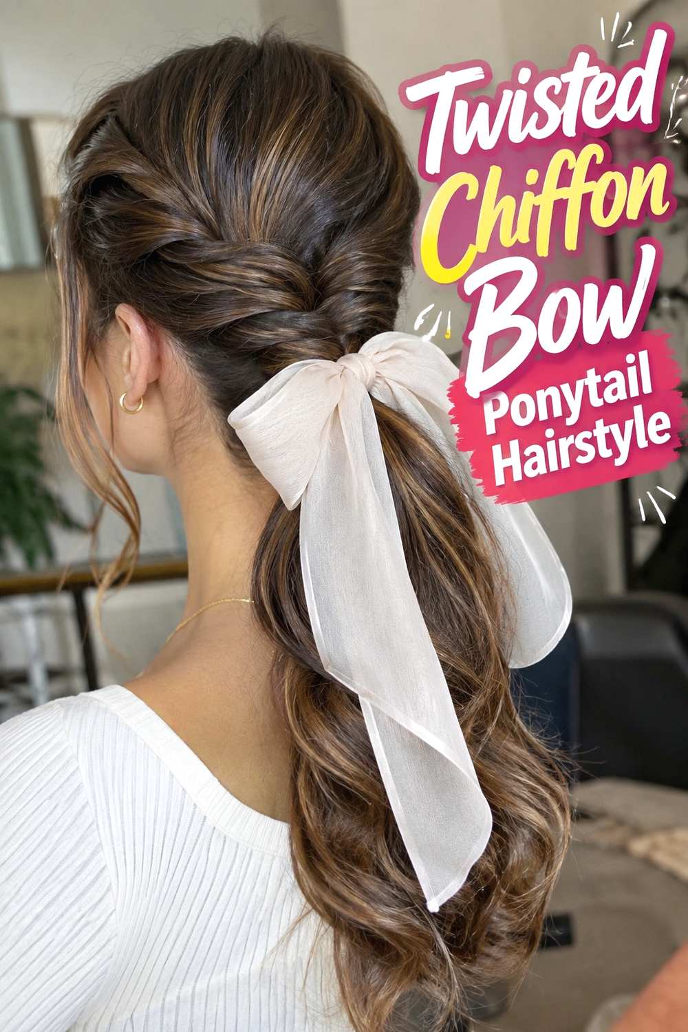 15. Twisted Chiffon Bow Ponytail Hairstyle