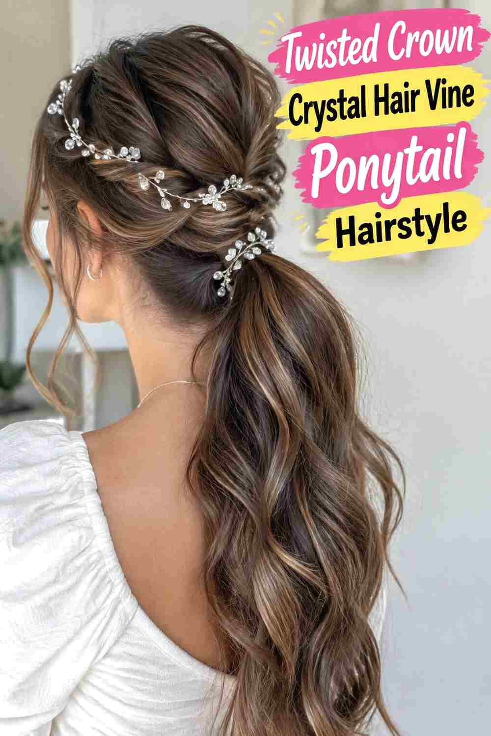 9. Twisted Crown Crystal Hair Vine Ponytail Hairstyle