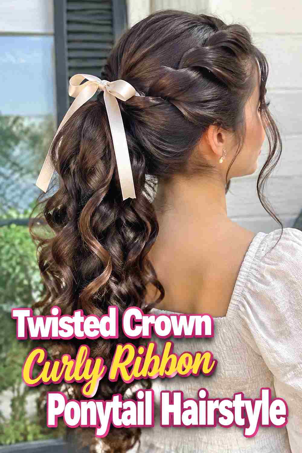 18. Twisted Crown Curly Ribbon Ponytail Hairstyle