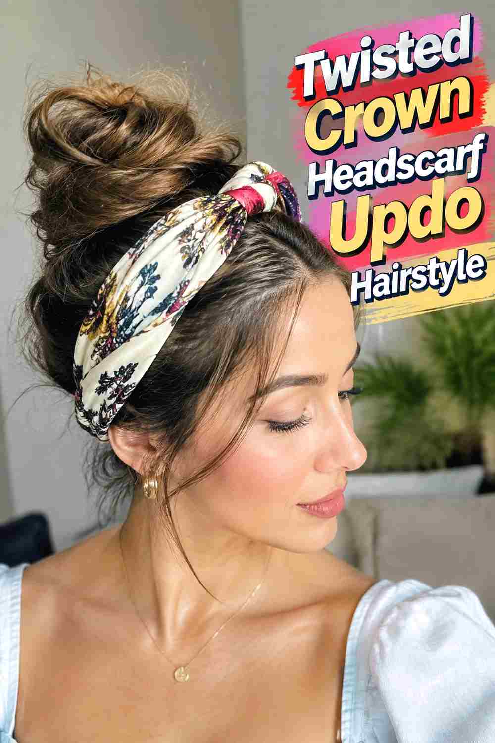 1. Twisted Crown Headscarf Updo Hairstyle