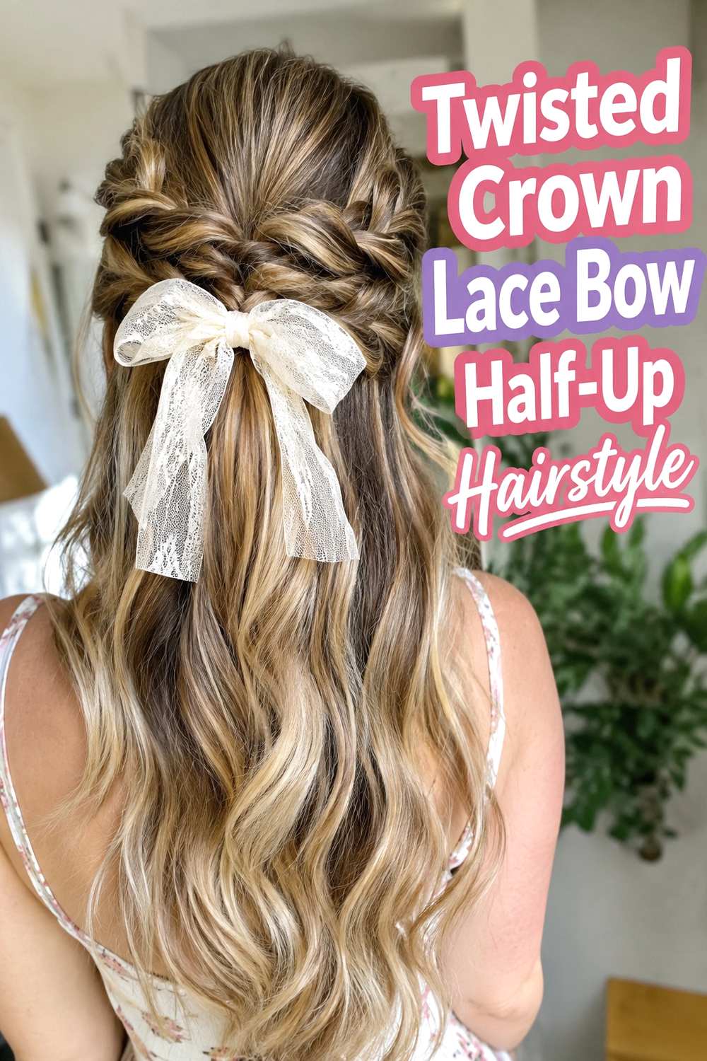 4. Twisted Crown Lace Bow Half Up Hairstyle