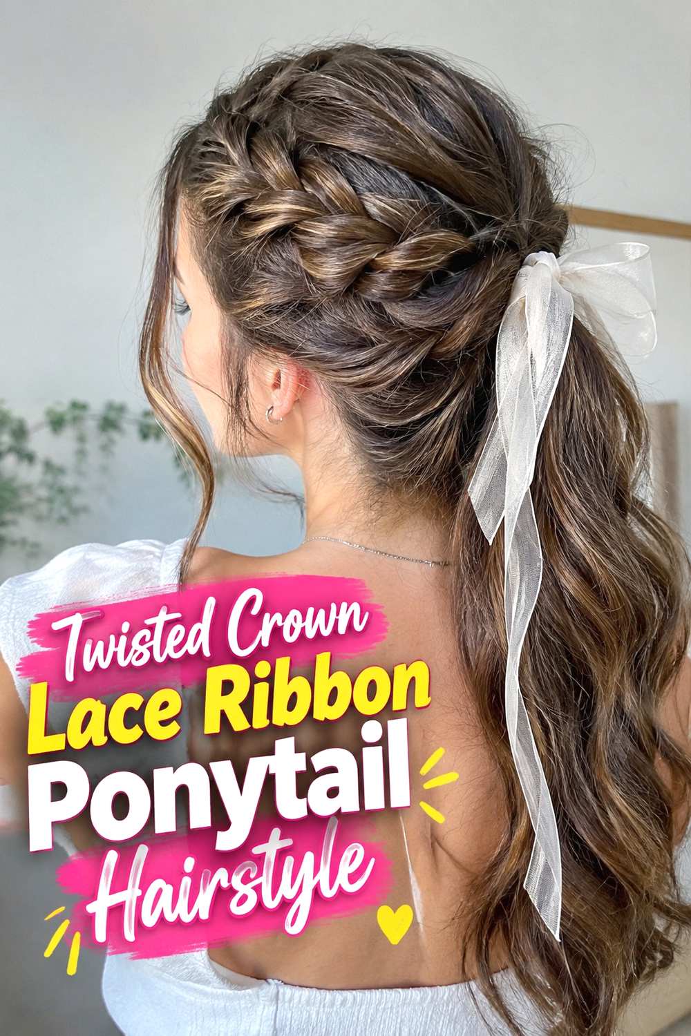 13. Twisted Crown Lace Ribbon Ponytail Hairstyle