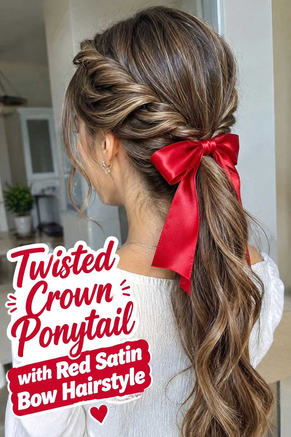 7. Twisted Crown Ponytail With Red Satin Bow Hairstyle