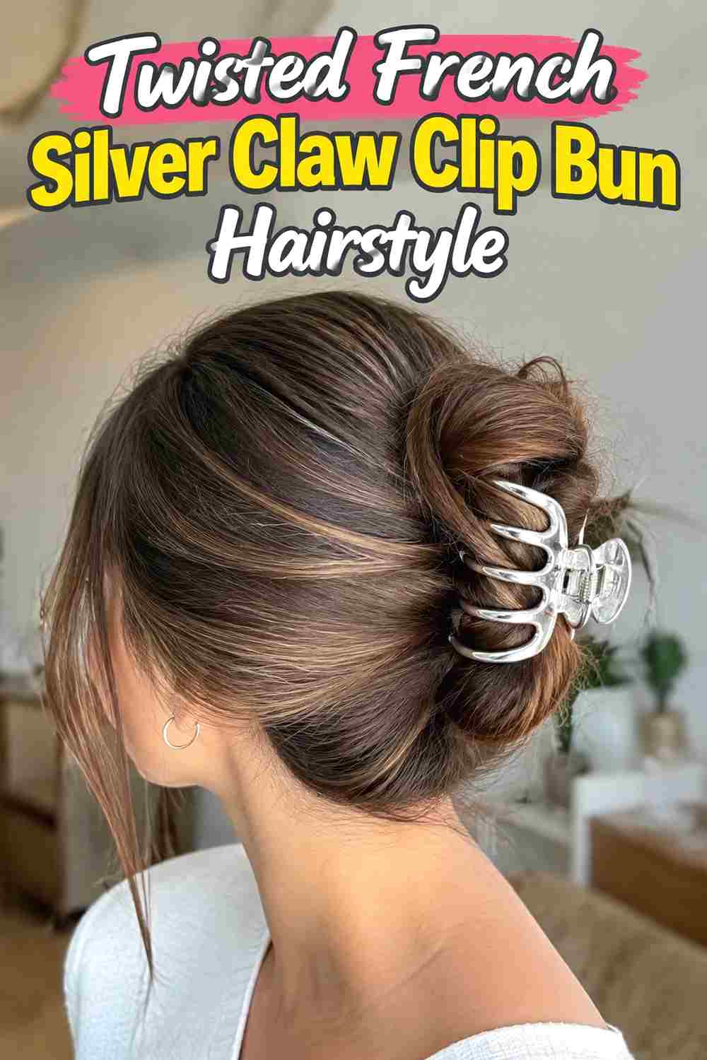 3. Twisted French Silver Claw Clip Bun Hairstyle