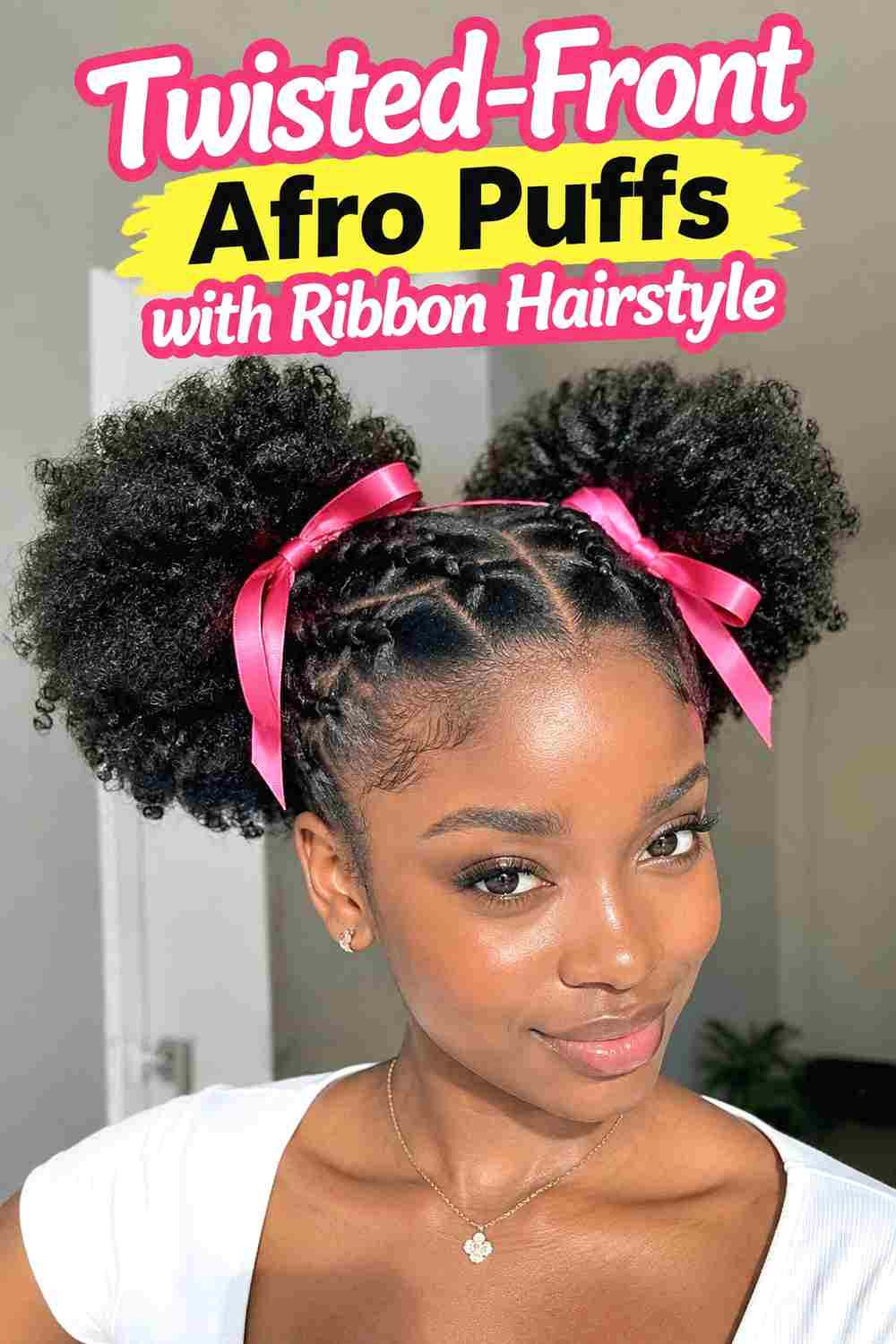 9. Twisted Front Afro Puffs With Ribbon Hairstyle