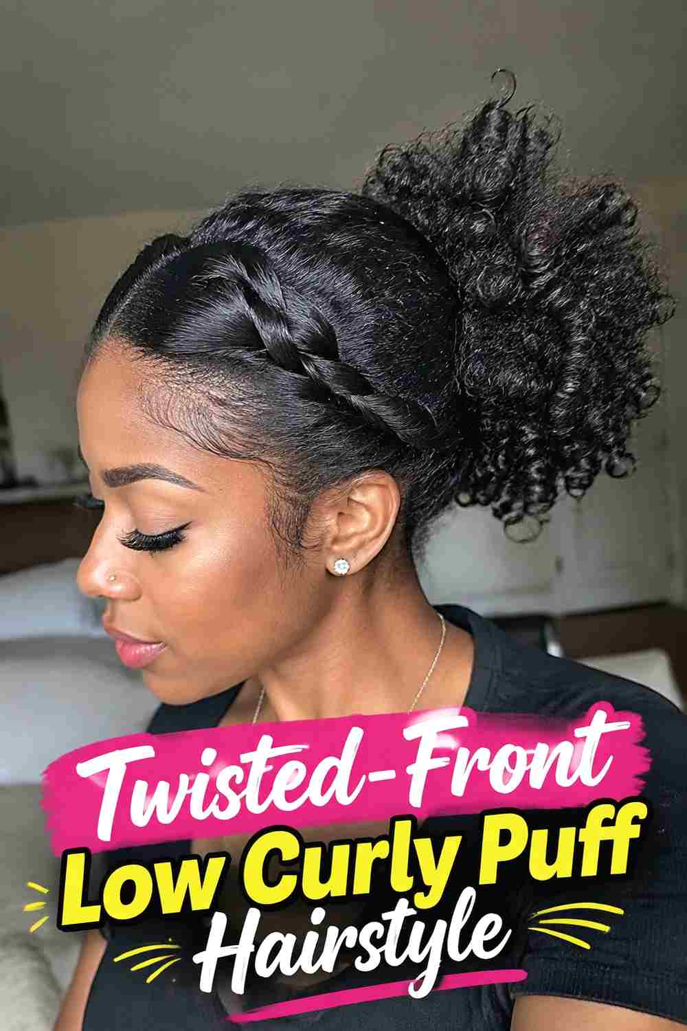 9. Twisted Front Low Curly Puff Hairstyle
