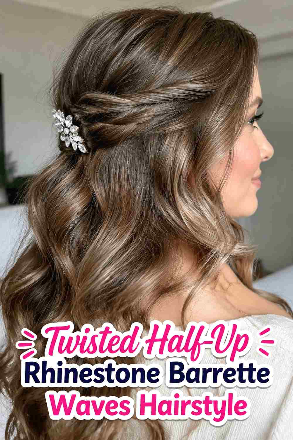 19. Twisted Half Up Rhinestone Barrette Waves Hairstyle