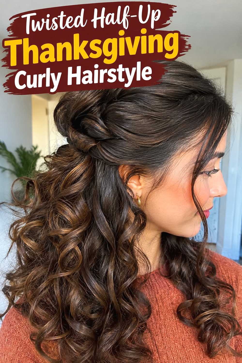 13. Twisted Half Up Thanksgiving Curly Hairstyle