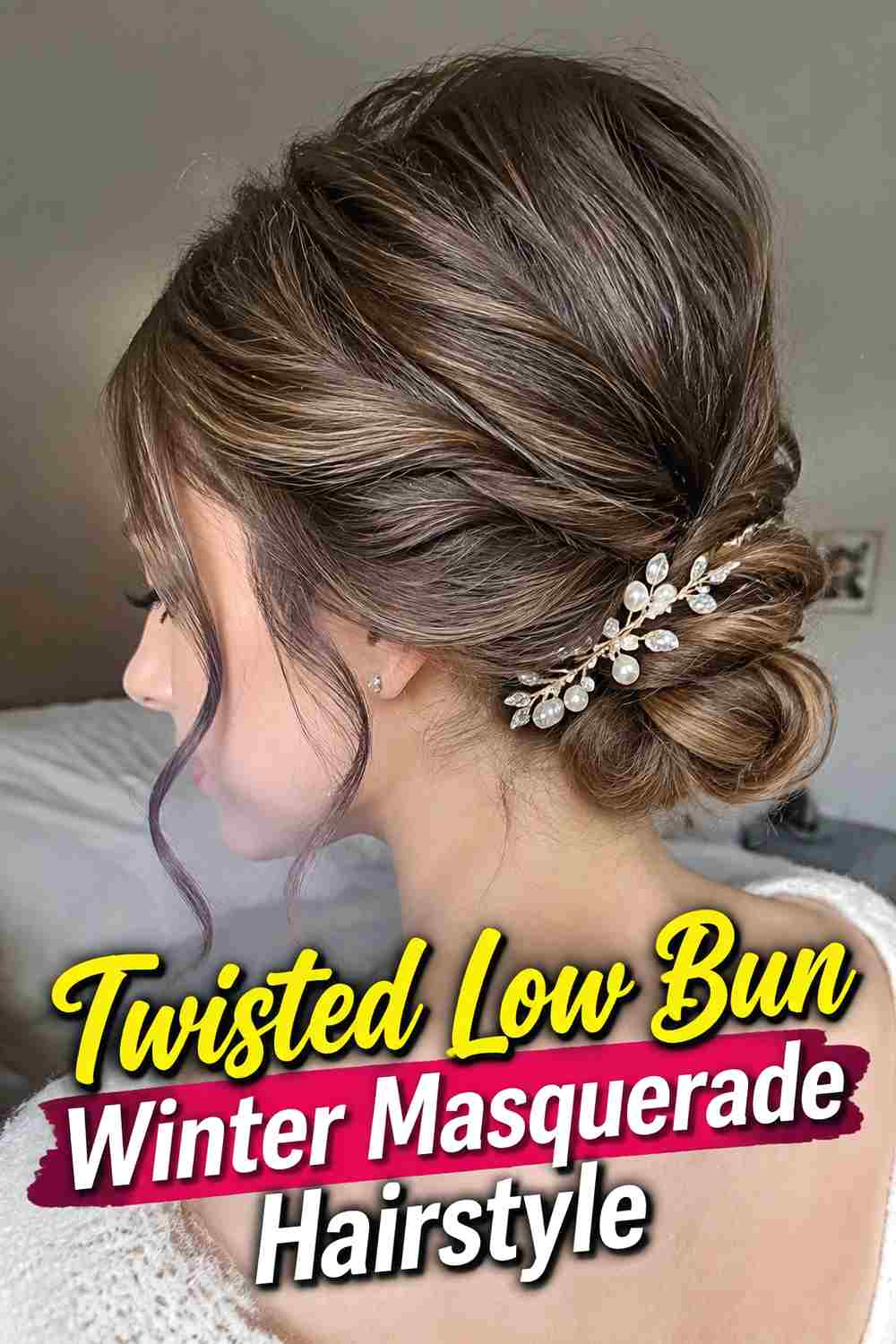 12. Twisted Low Bun Winter Masquerade Hairstyle