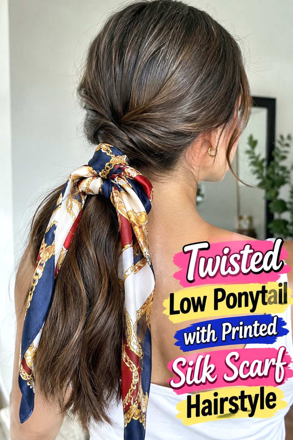 9. Twisted Low Ponytail With Printed Silk Scarf Hairstyle
