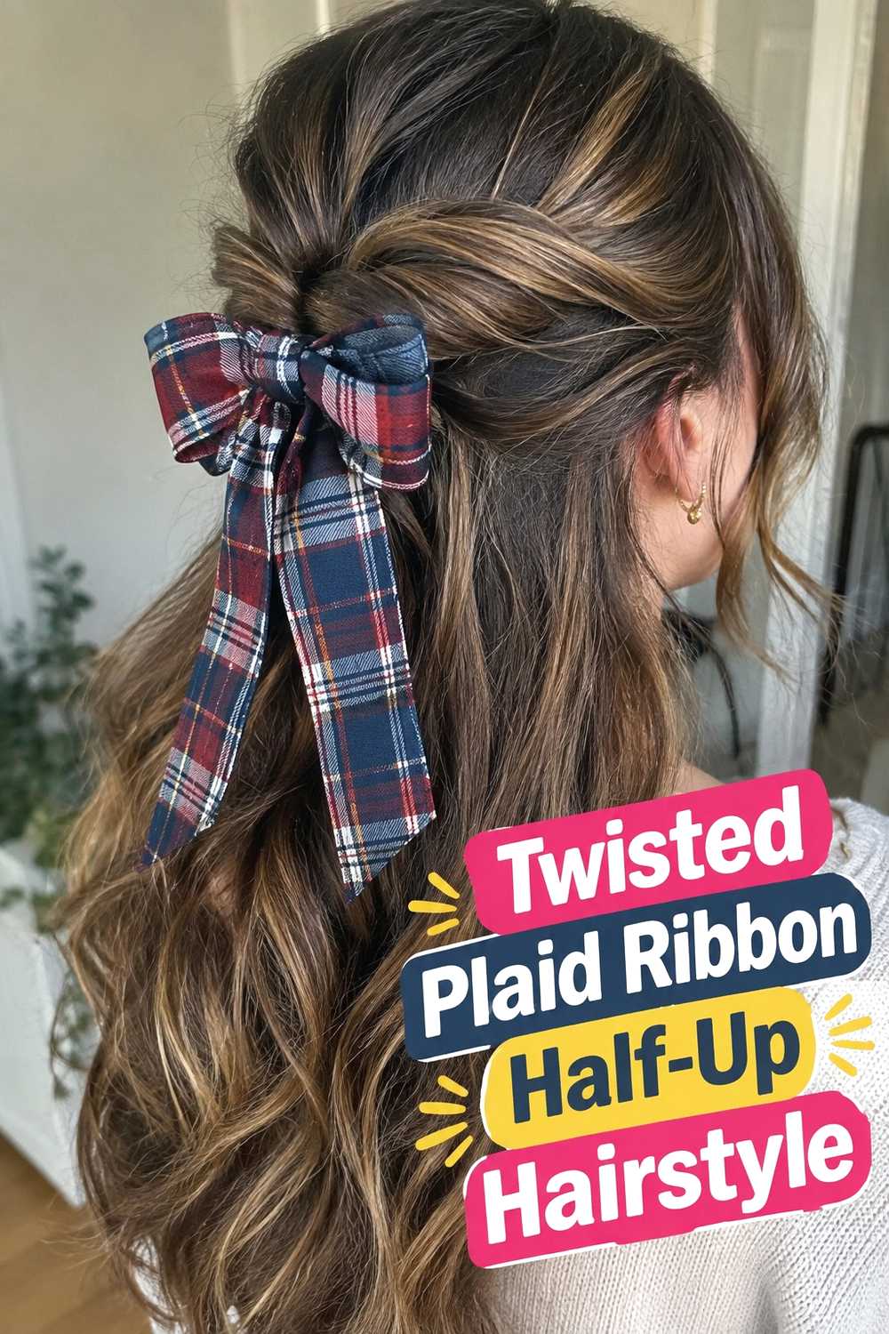 3. Twisted Plaid Ribbon Half Up Hairstyle