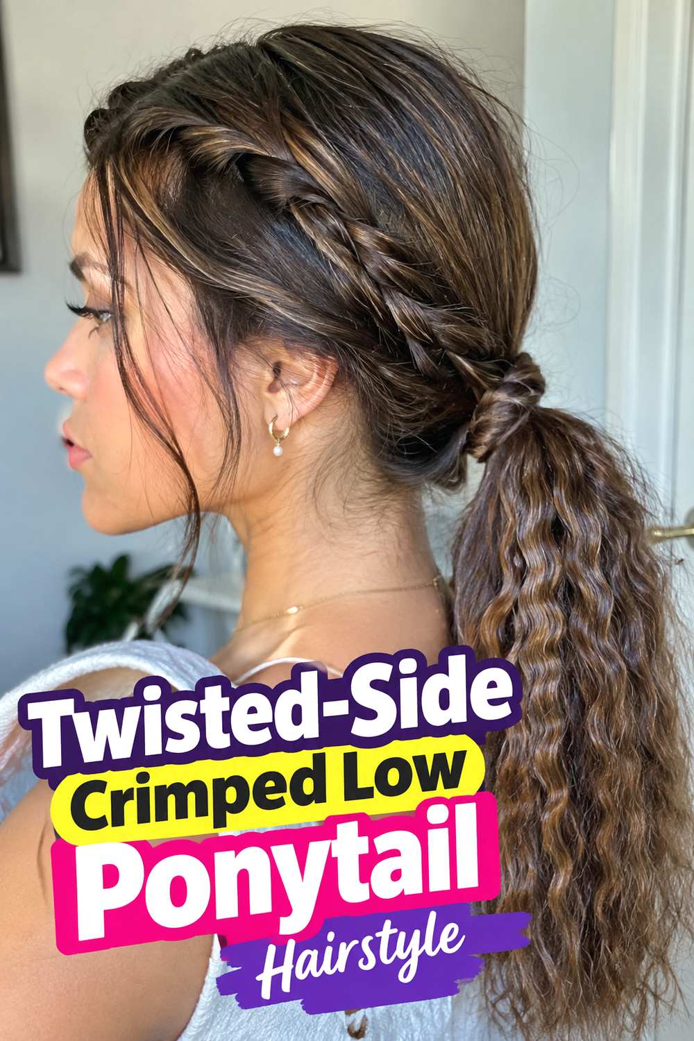 Twisted-Side Crimped Low Ponytail Hairstyle