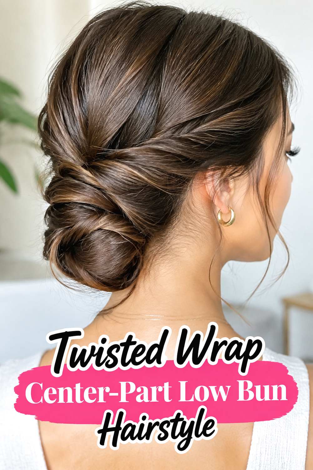 Twisted Wrap Center-Part Low Bun Hairstyle
