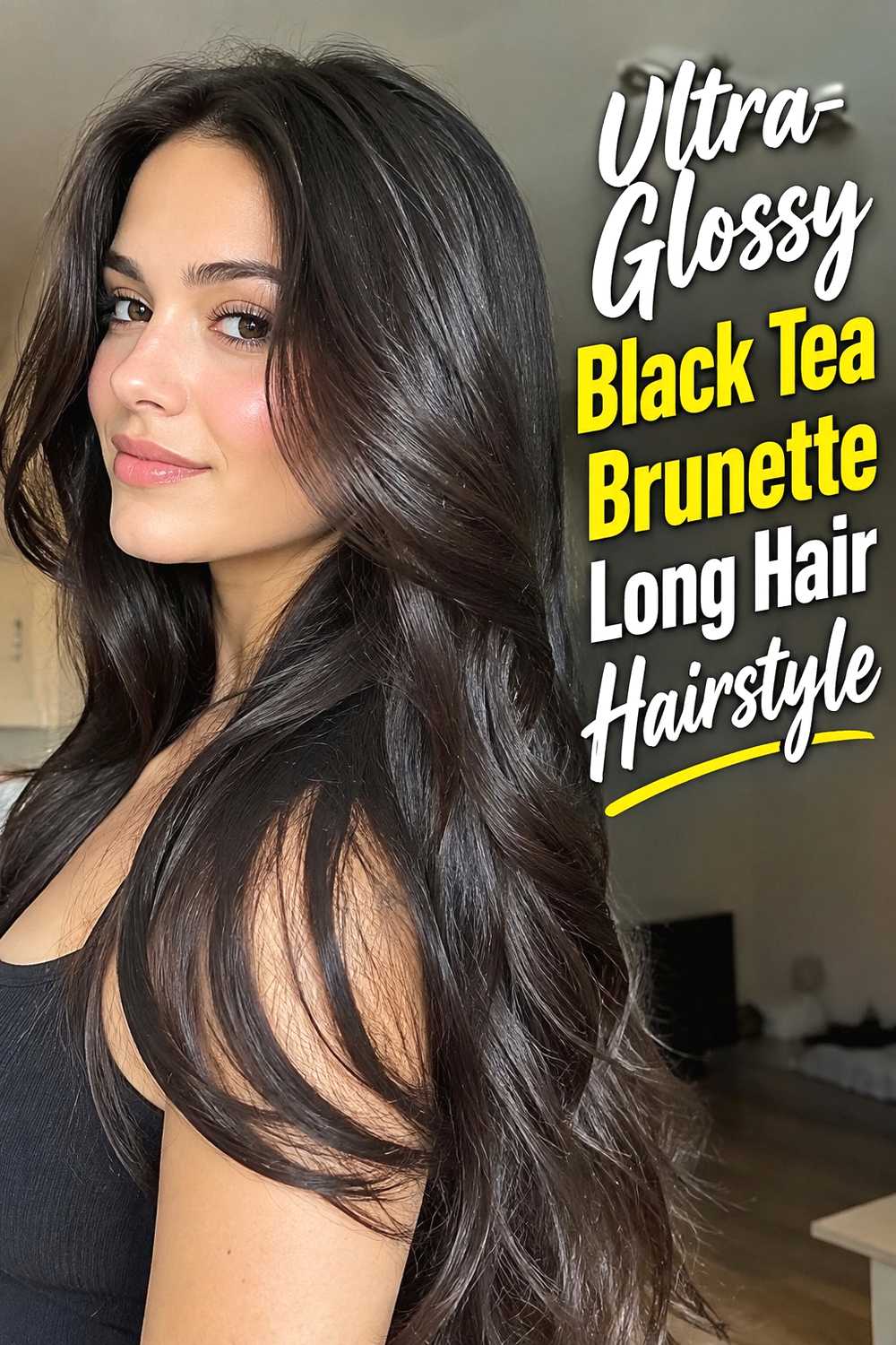 13. Ultra Glossy Black Tea Brunette Long Hair Hairstyle