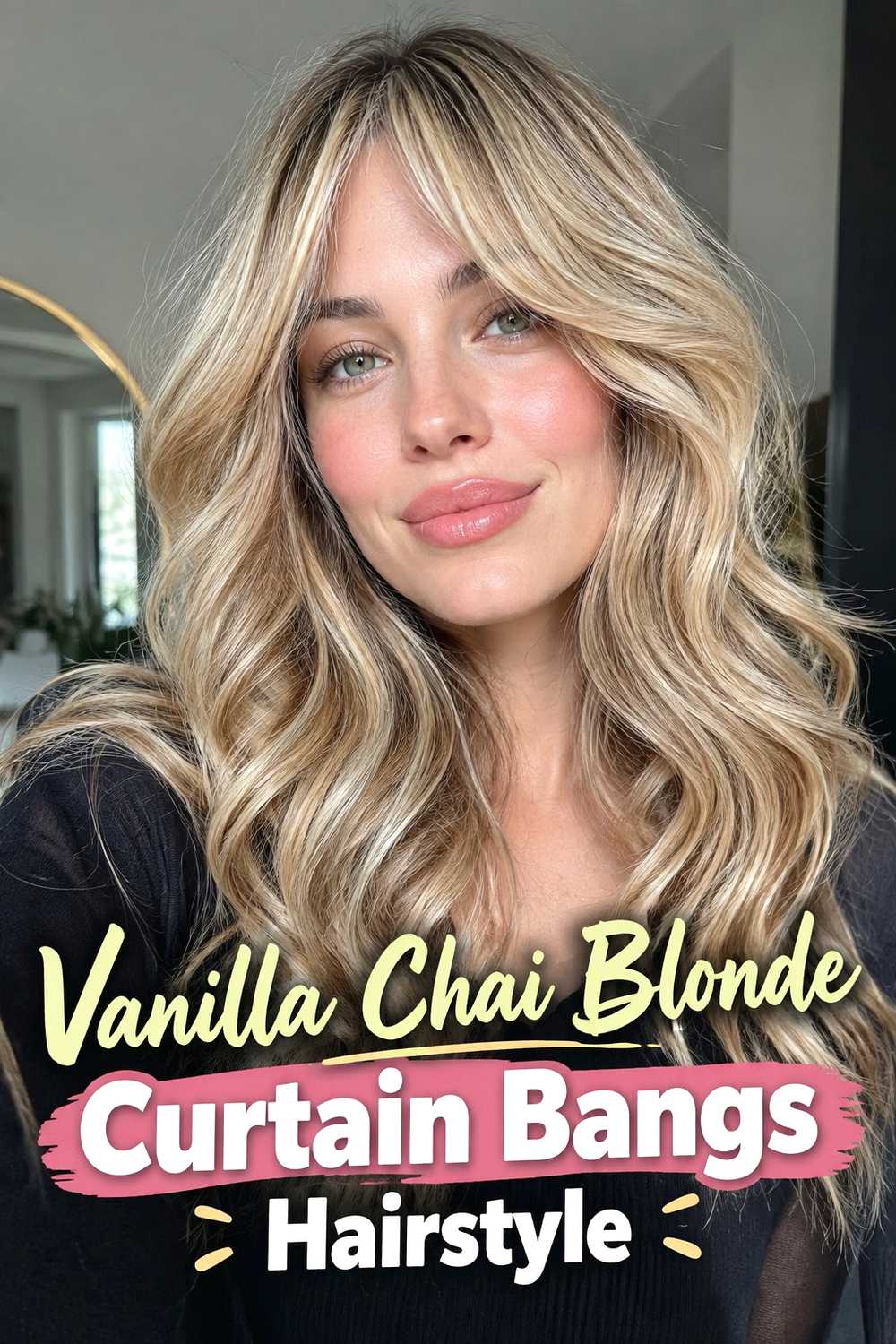 22. Vanilla Chai Blonde Curtain Bangs Hairstyle