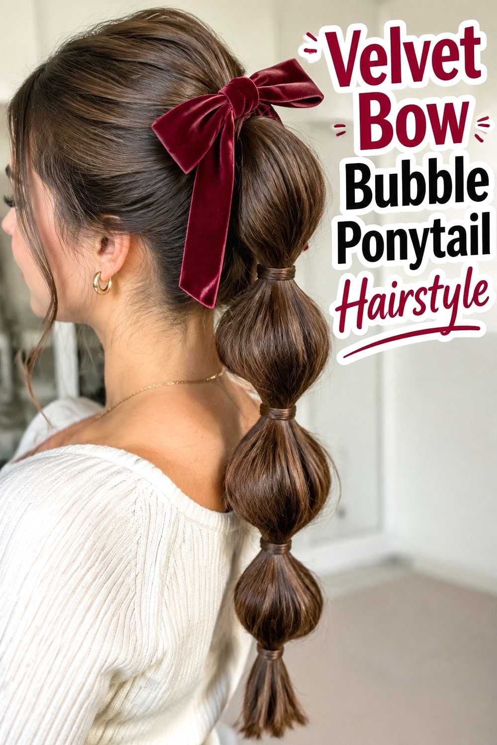 4. Velvet Bow Bubble Ponytail Hairstyle