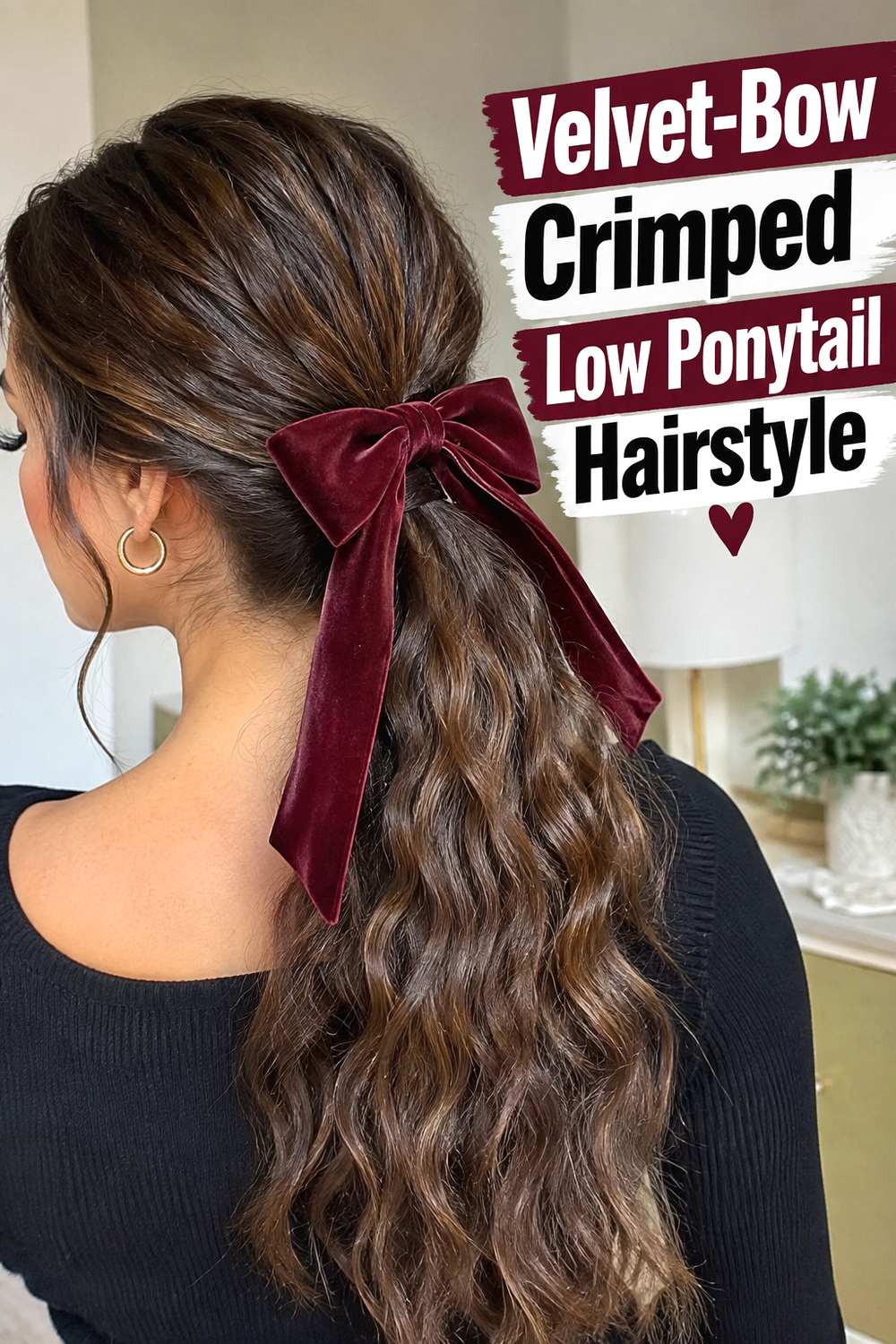 Velvet-Bow Crimped Low Ponytail Hairstyle