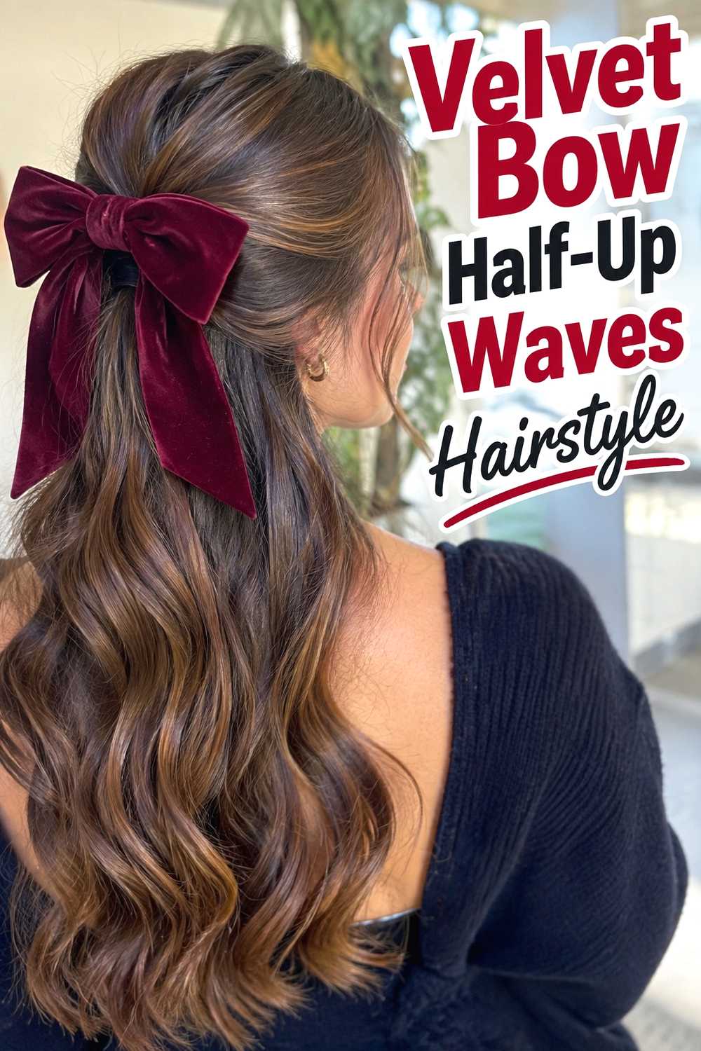 1. Velvet Bow Half Up Waves Hairstyle